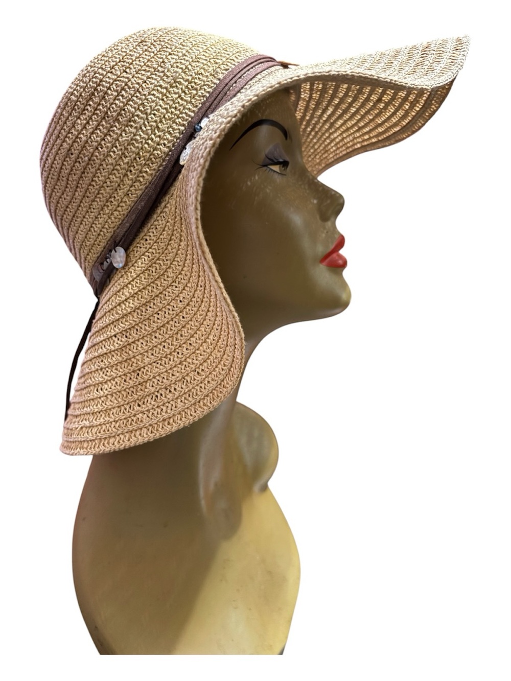 Women’s Beige Wide-Brim Straw Sun Hat with Brown Band